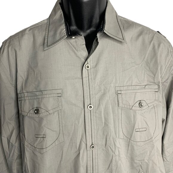 Drill Clothing Roll Tab Sleeve Button Up Shirt L Grey Chest Pockets Collared - Picture 2 of 7